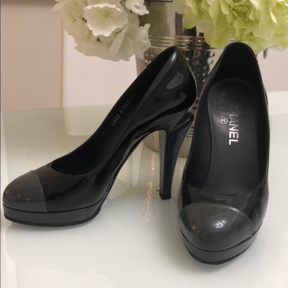 Chanel Black Cap Toe Platform Pump